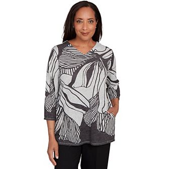 Petite Alfred Dunner Abstract Floral Stripe V-Neck Top