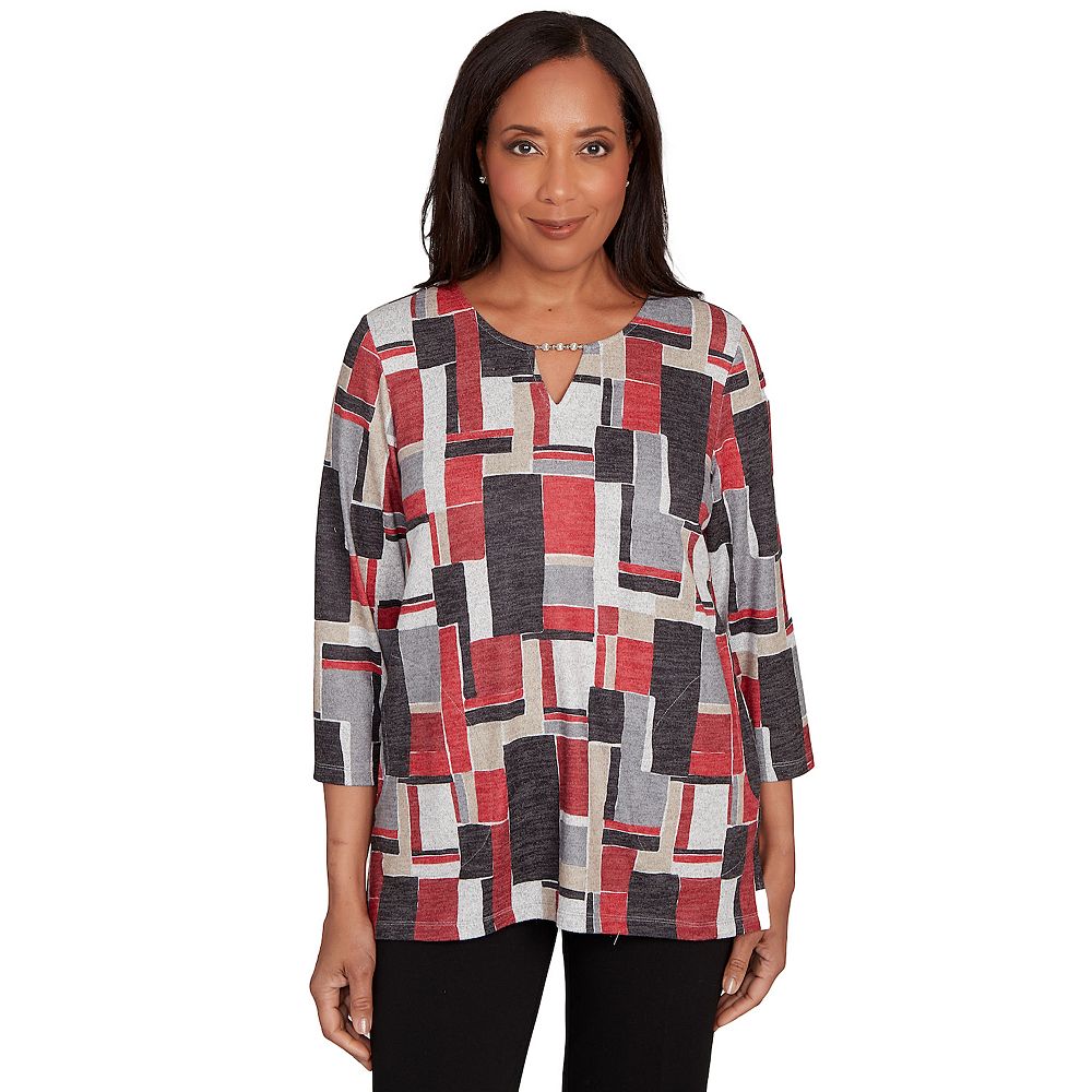 Alfred Dunner Floral Geo Patchwork Split Neck Top- Petite