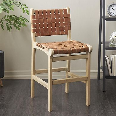 Stella & Eve Mango Wood Handmade Woven Bar Stool with Backrest and Footrest