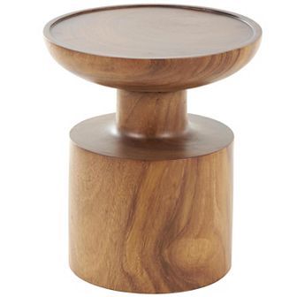 Stella & Eve Wood Handmade Accent Table with Cylinder Block Base