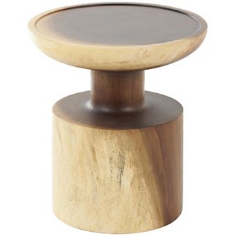 Stella & Eve Wood Handmade Accent Table with Cylinder Block Base