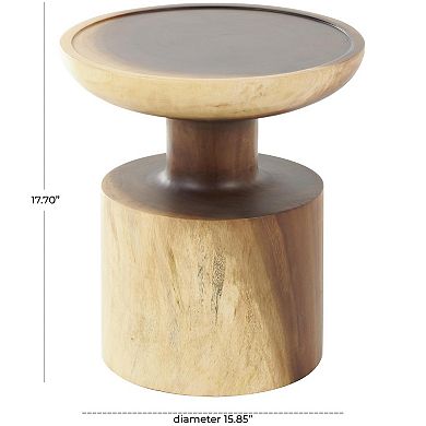 Stella & Eve Wood Handmade Accent Table with Cylinder Block Base