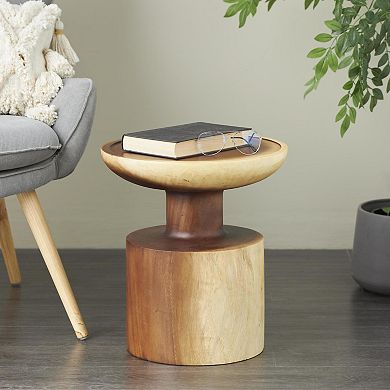 Stella & Eve Wood Handmade Accent Table with Cylinder Block Base