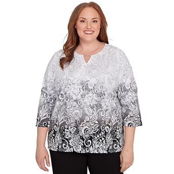 Plus Size Alfred Dunner Ombre Scroll Split Beaded Neck Top