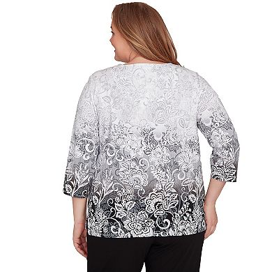 Plus Size Alfred Dunner Ombre Scroll Split Beaded Neck Top