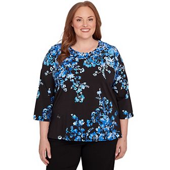 Plus Size Alfred Dunner Floral Asymmetrical Three-Quarter Sleeve Top
