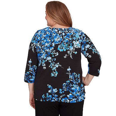 Plus Size Alfred Dunner Floral Asymmetrical Three-Quarter Sleeve Top