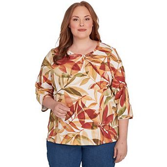 Plus Size Alfred Dunner Leaf Pleated Neckline Top