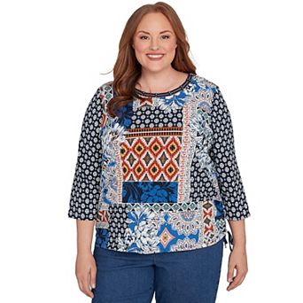 Plus Size Alfred Dunner Batik Patchwork Drawstring Closure Top