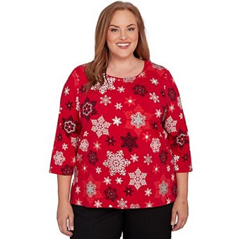 Plus Size Alfred Dunner Embellished Snowflake Pleated Neck Top