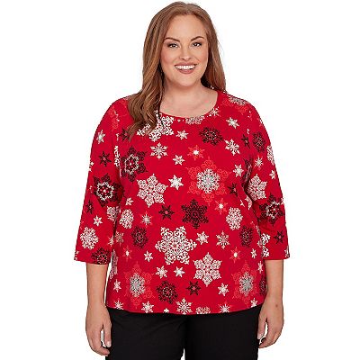 Plus Size Alfred Dunner Embellished Snowflake Pleated Neck Top