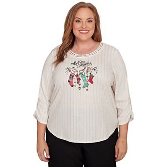 Plus Size Alfred Dunner Holiday Stockings Gathered Sleeve Top