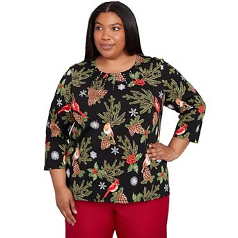Plus Size Alfred Dunner Cardinals & Pinecones Embellished Top