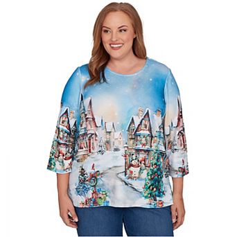 Plus Size Alfred Dunner Embellished Snow Cabin Village Scene Top