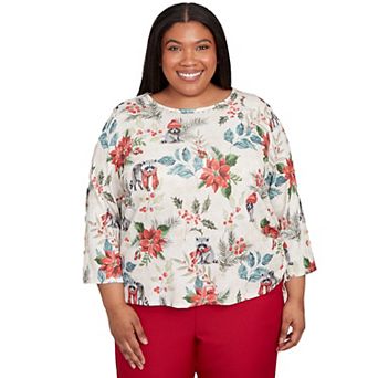 Plus Size Alfred Dunner Holiday Raccoon Poinsettias Top