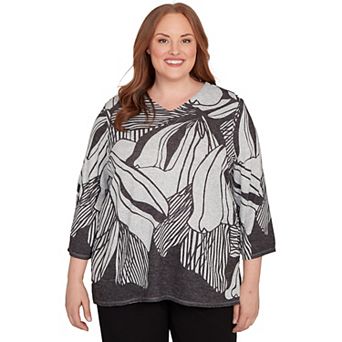 Plus Size Alfred Dunner Abstract Floral Stripe V-Neck Top