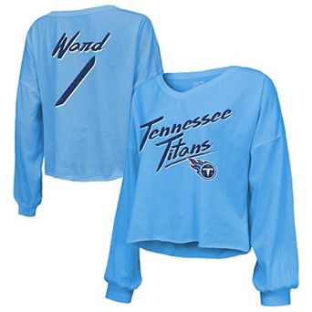 Women's Majestic Threads Cam Ward Light Blue Tennessee Titans 2025 NFL Draft First Round Pick Off-Shoulder Script Name & Number V-Neck T-Shirt