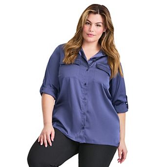 Avenue Women's Plus Size Sateen Utility Shirt