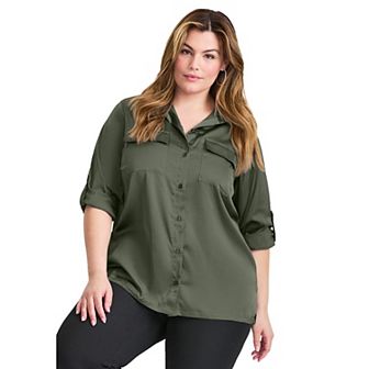Avenue Women's Plus Size Sateen Utility Shirt