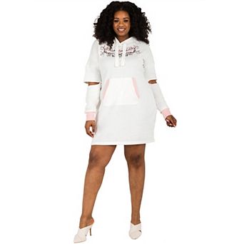 Plus Size Women's Curvy Fit Cold Elbow Cut-Out Embroidery Hoodie Dress