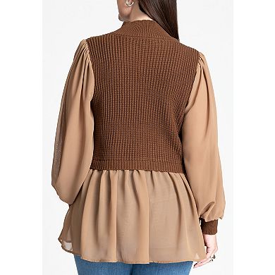 ELOQUII Women's Plus Size Twofer Sweater With Chiffon