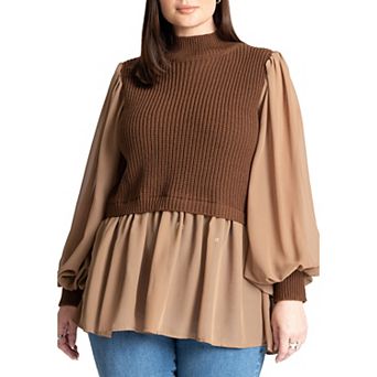 ELOQUII Women's Plus Size Twofer Sweater With Chiffon