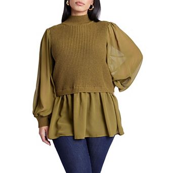 ELOQUII Women's Plus Size Twofer Sweater With Chiffon