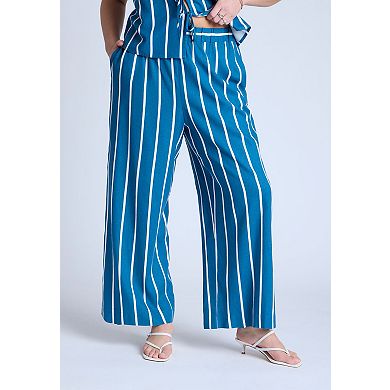 ELOQUII Women's Plus Size Wide Leg Striped Linen Blend Pant