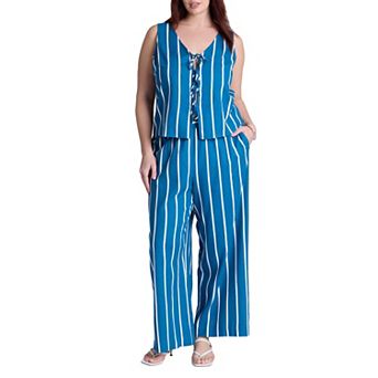 ELOQUII Women's Plus Size Wide Leg Striped Linen Blend Pant