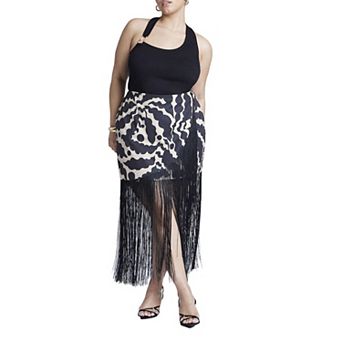 ELOQUII Women's Plus Size Wrap Front Fringe Mini Skirt