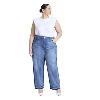 ELOQUII Women's Plus Size Two Tone High Rise Straight Leg Jean