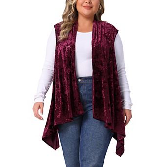 Plus Size Cardigan Vest for Women Velvet Sleeveless High Low Hem Open Front Cardigan