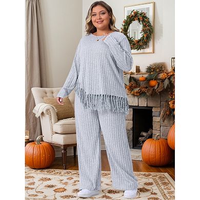 Plus Size 2 Piece Lounge Set for Women Crew Neck Long Sleeve Asymmetrical Fringe Hem Casual Outfits