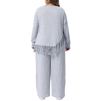 Plus Size 2 Piece Lounge Set for Women Crew Neck Long Sleeve Asymmetrical Fringe Hem Casual Outfits