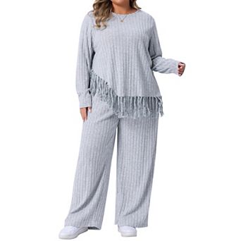 Plus Size 2 pc Lounge Set for Women Crew Neck Long Sleeve Asymmetrical Fringe Hem Casual Outfits