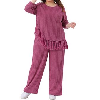 Plus Size 2 pc Lounge Set for Women Crew Neck Long Sleeve Asymmetrical Fringe Hem Casual Outfits