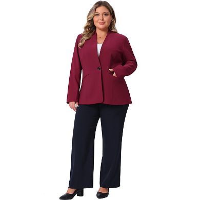 Plus Size Women's Business Casual Collarless Open Front Long Sleeve Work Blazer Jacket with Pockets