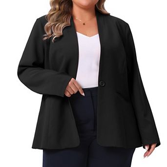 Plus Size Women's Business Casual Collarless Open Front Long Sleeve Work Blazer Jacket with Pockets