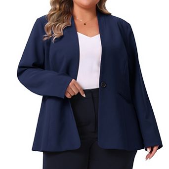 Plus Size Women's Business Casual Collarless Open Front Long Sleeve Work Blazer Jacket with Pockets