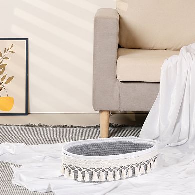 1Pcs Woven Storage Basket, Shelf Closet Oval Storage Bin with Tassels for Key Tray Bowl 13*5.9*3.9in
