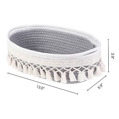 1Pcs Woven Storage Basket, Shelf Closet Oval Storage Bin with Tassels for Key Tray Bowl 13*5.9*3.9in