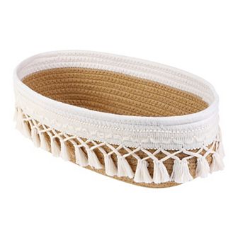 1 pc Woven Storage Basket, Shelf Closet Oval Storage Bin with Tassels for Key Tray Bowl 13*5.9*3.9in
