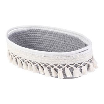 1 pc Woven Storage Basket, Shelf Closet Oval Storage Bin with Tassels for Key Tray Bowl 13*5.9*3.9in