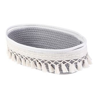 1 pc Woven Storage Basket, Shelf Closet Oval Storage Bin with Tassels for Key Tray Bowl 13*5.9*3.9in