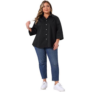 Plus Size Shirts for Women Button Down Collar Pleated 3/4 Sleeve Casual Blouses