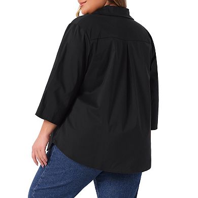 Plus Size Shirts for Women Button Down Collar Pleated 3/4 Sleeve Casual Blouses