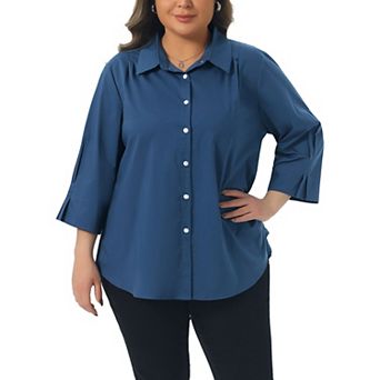 Plus Size Shirts for Women Button Down Collar Pleated 3/4 Sleeve Casual Blouses