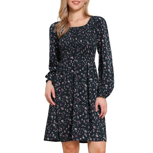 chinese dress ladies Chounuer Autumn Winter Long Sleeve Women Dresses V-Neck Pleated A-line Midi  Dress(Black, S) at Amazon Women's Clothing store main image 0