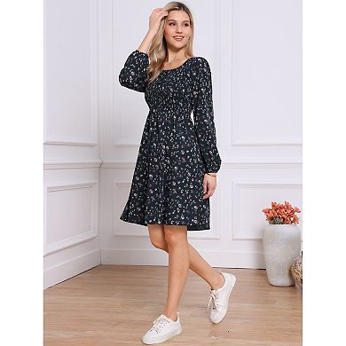 Women's Floral Ruffle Long Sleeves Round Neck Belt Autumn Dresses