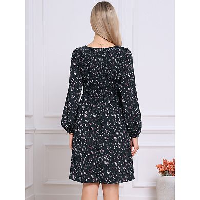 Women's Floral Ruffle Long Sleeves Round Neck Belt Autumn Dresses